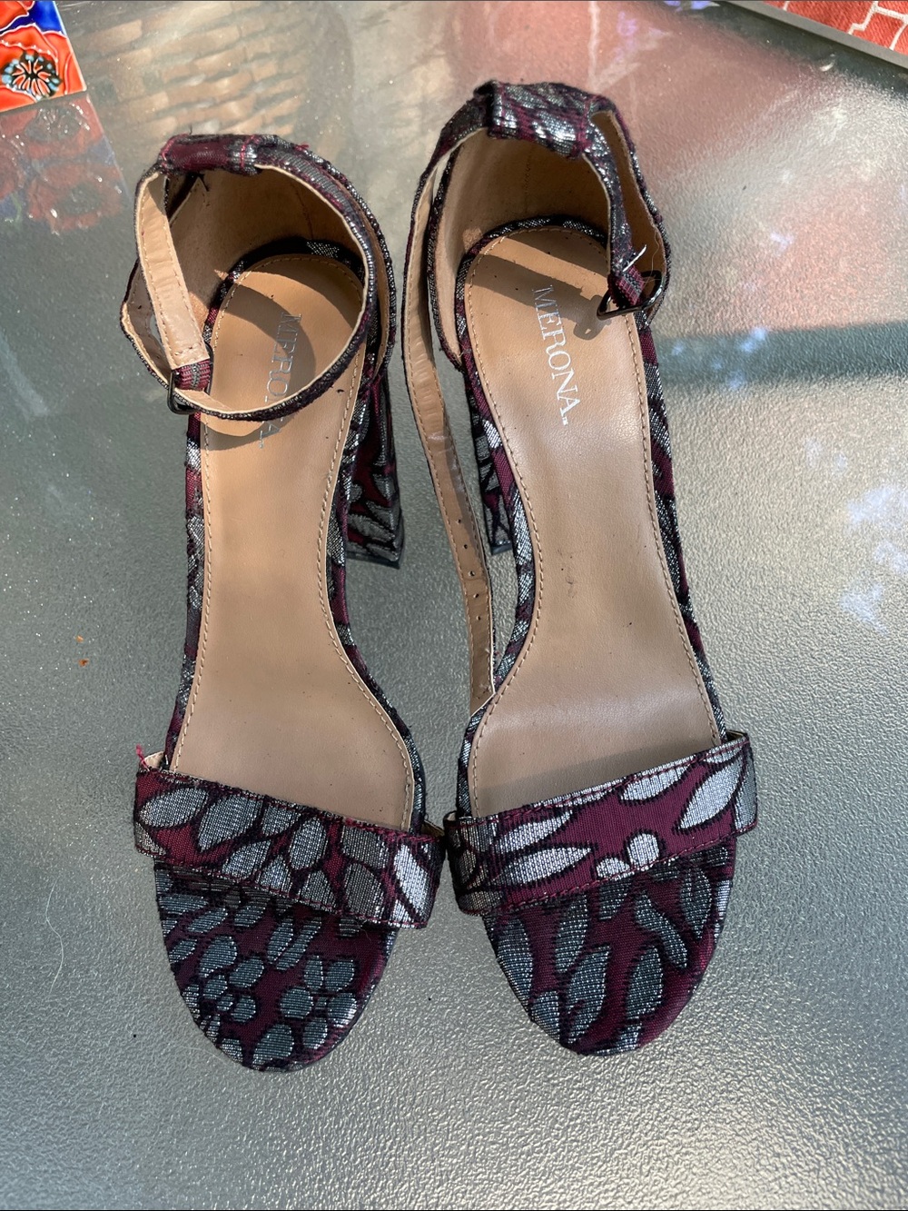 Merona Burgundy and Silver Floral Ankle-Strap Block Heels